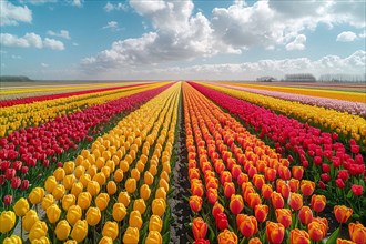 Vibrant stripes of tulips create a stunning visual under a blue sky with fluffy clouds, AI