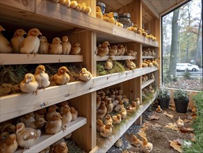 Numerous chicks arranged on wooden shelves inside a chick nursery, AI generiert, AI generated