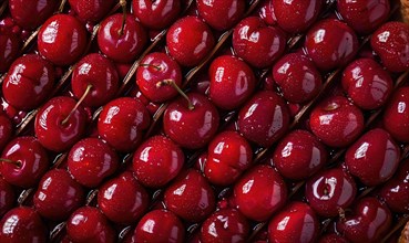 Ripe cherries arranged in an intricate pattern, rip cherries background AI generated