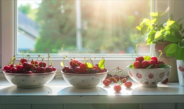 A cozy kitchen window sill adorned with bowls of ripe cherries AI generated