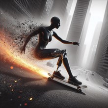 Mannequin-like figure skateboarding with a dynamic splash effect in an urban setting, AI generated