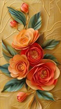 An elegant paper crafting of orange and yellow flowers with green leaves on textured paper, ai