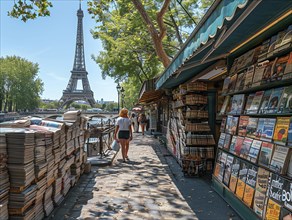Zeitschriftenstand nahe des Eiffelturms an einem sonnigen Tag, Menschen schlendern vorbei,