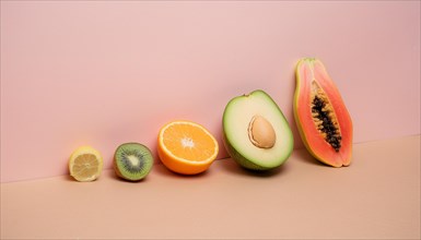 Variety of sliced fruits including citrus and avocado on a dual-tone pastel background, horizontal,