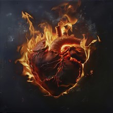 The hot depiction of a heart surrounded by vivid flames, AI generated