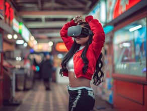 A woman in a red jacket standing in a subway station wearing a VR headset, AI generated