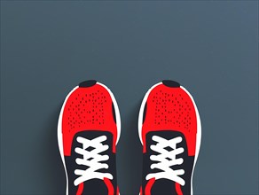 Top view of red running shoes with black details on a dark background, illustration, AI generated