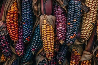 Multi colored Indian corn. KI generiert, generiert, AI generated