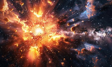 Digital depiction of a fiery cosmic explosion scattering stars and debris in space AI generated