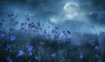 Bellflowers in a meadow under the moonlight, closeup view AI generated
