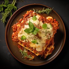 Gourmet Lasagna on Dark Plate, AI generated