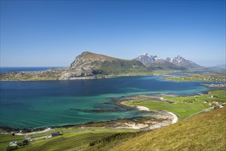 Landscape on the Lofoten Islands. View from the Hornsheia hiking area to the small village of Haug,