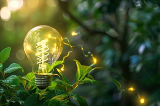 An illuminated bulb amidst lush greenery, symbolizing the fusion of technology and nature, AI