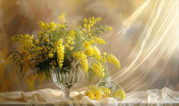 Bouquet of blooming Mimosa branches in glass vase AI generated