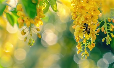Close-up of a bee collecting nectar from laburnum flowers AI generated