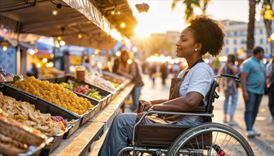 A woman in a wheelchair shops independently at an outdoor market bathed in sunset light, AI