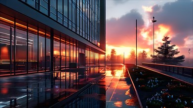 Modern hospital at dawn glass surfaces mirroring early morning sky, AI generated, modern,