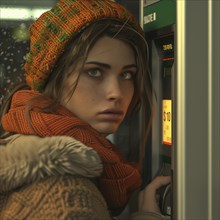 Young woman in winter clothes shows a worried expression while withdrawing money at night, AI