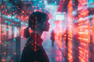 A woman in a futuristic cityscape is surrounded by neon lights and a cyberpunk vibe, AI generated