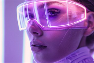 Close-up of a woman with futuristic glowing neon glasses, emitting a purple light, AI generated