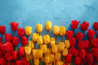 Red and yellow tulips against a vivid blue wall background, AI generated
