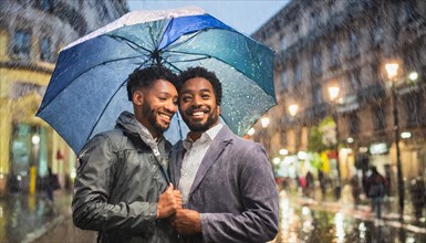 Smiling gay male black couple under a blue umbrella on a wet european city street at night, AI