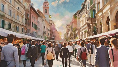 Painted scene of a sunny market street crowded with people walking between warm-toned buildings,