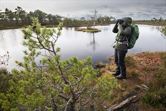 Hiker standing with binoculars at a small bog eye, Marimetsa rain bog, Laanemaa, Estonia, Europe
