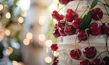 Ripe cherries adorning a wedding cake, closeup view, bokeh lights on background AI generated