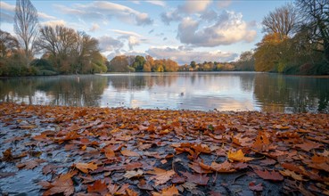 The lake covered of fallen leaves, nature background AI generated