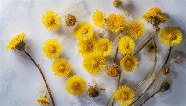 Faded coltsfoot flowers lying scattered, play of light and shadow, medicinal plant coltsfoot,