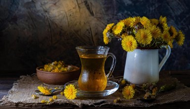 Aesthetic still life with coltsfoot tea in glass and teapot on a wooden background, coltsfoot tea,