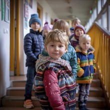 Children standing in a row in a corridor, all wearing winter clothes, KI generated, AI generated