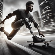 A young african american man with a prosthetic leg skateboards swiftly through an urban setting, AI