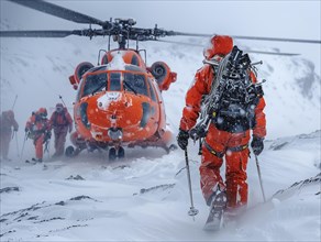 Eine Gruppe von Personen in Rettungsanzuegen marschiert durch einen Schneesturm zum Helikopter,