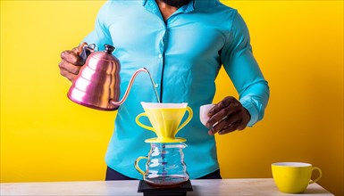 Vibrant shot of a muscular man in red shorts making coffee on a yellow background, horizontal, AI