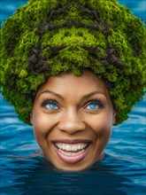 Colorful portrait of a smiling person with moss on head immersed in water, AI generated