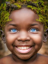 Joyful child with blue eyes crowned with greenery in a close-up outdoor shot, moss growing and