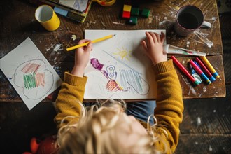A preschool child sits at a table and draws a picture with coloured pencils, AI generated, AI