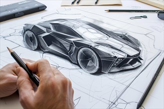 A designer in the field of automotive design, industrial design sketches a super sports car by hand