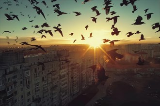 A flock of rooks, ravens flies over an urban area, AI generated, AI generated, AI generated
