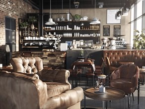 Spacious coffee shop with comfy leather furniture, wooden accents, and industrial lighting creating