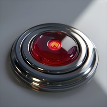 A shiny red alarm button on a light-coloured surface, AI generated
