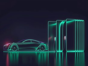 Futuristic neon-lit scene of a sleek electric car at a glowing charging station, illustration, AI