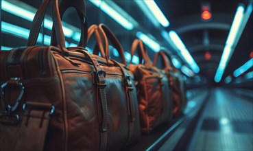 Leather travel bags under moody blue lighting, giving a futuristic urban vibe AI generated