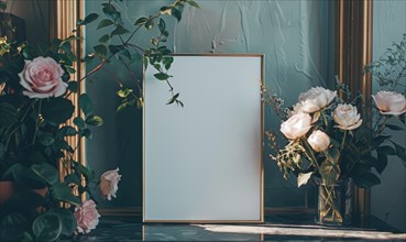 Flat background with blank poster mockup against dark wall with pink rose flowers in vase AI