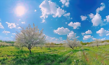 Blue skies over a blooming orchard AI generated