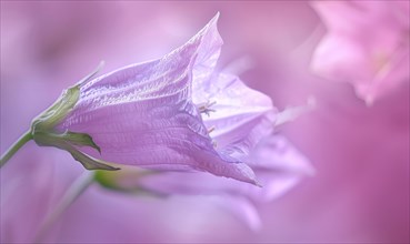 Close-up of a bellflower in soft light, closeup view, selective focus, spring background AI