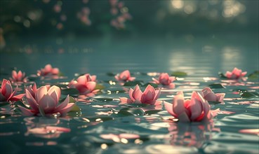 Closeup view of pink lotus on water surface AI generated