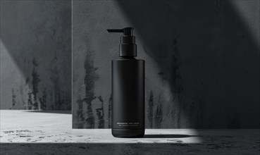 Studio shot of a matte black glass bottle mockup showcasing a product, minimalist branding AI